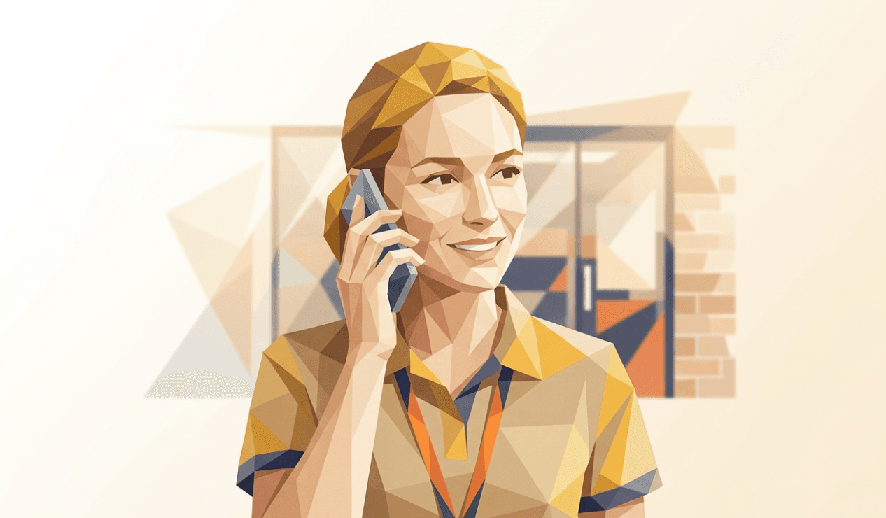 Low-poly illustration of a woman talking on a phone, representing AI phone screening