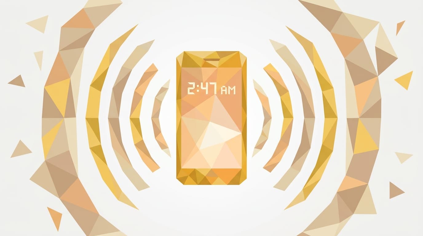 Low-poly illustration of a phone ringing at 2:47 AM representing 24/7 AI candidate screening