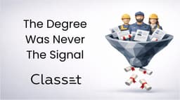 The Degree Was Never The Signal - workers in a hiring funnel with diplomas falling through