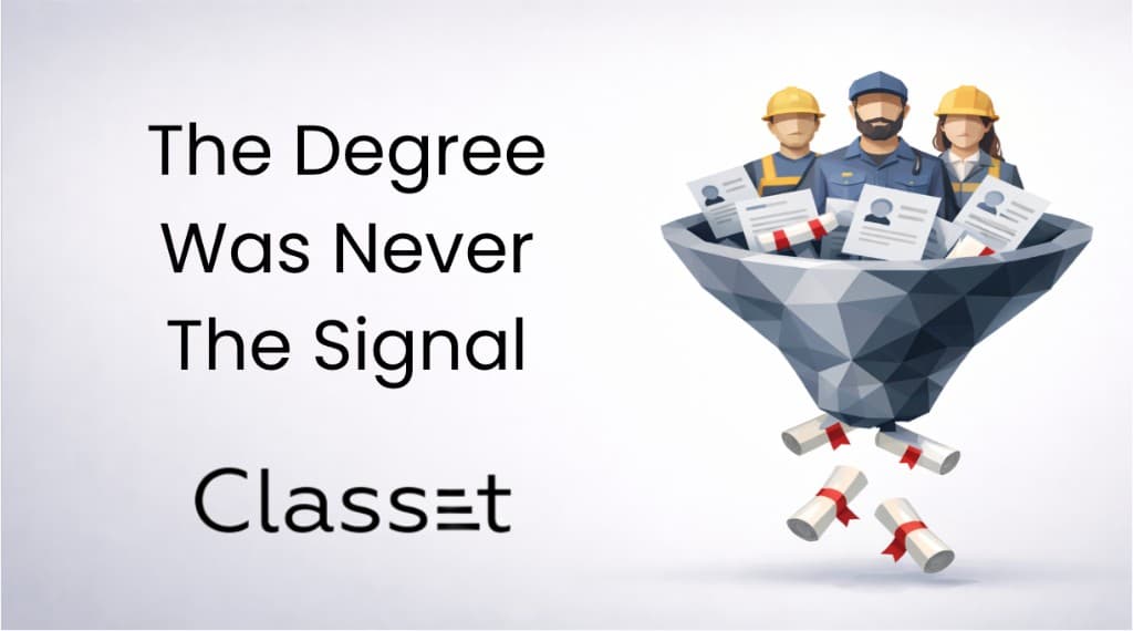 The Degree Was Never The Signal - workers in a hiring funnel with diplomas falling through