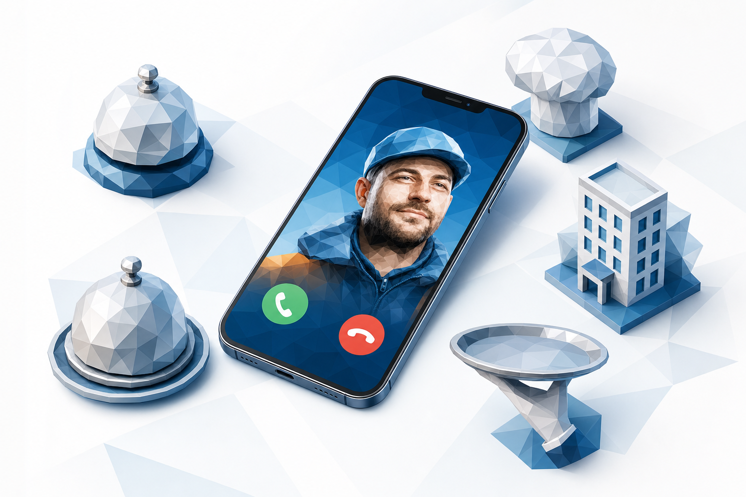 Modern smartphone displaying an incoming call screen surrounded by hospitality industry icons like hotel bell, chef hat, and serving tray