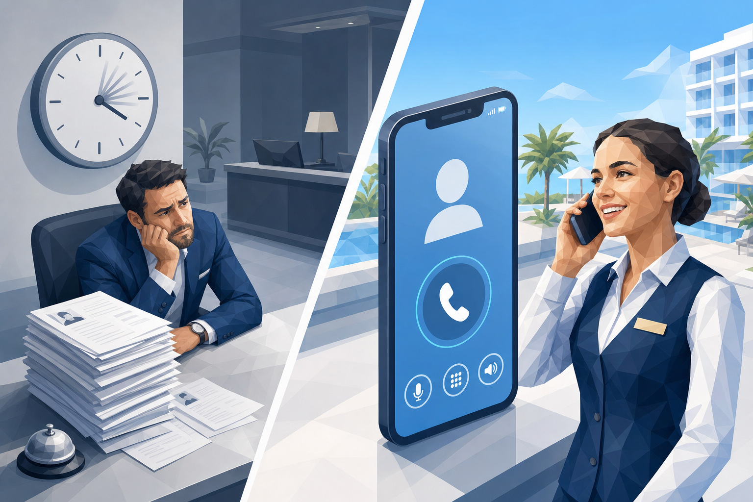 Split scene comparison showing hospitality hiring speed: frustrated hotel manager waiting at a desk vs. smiling hospitality worker answering a phone call