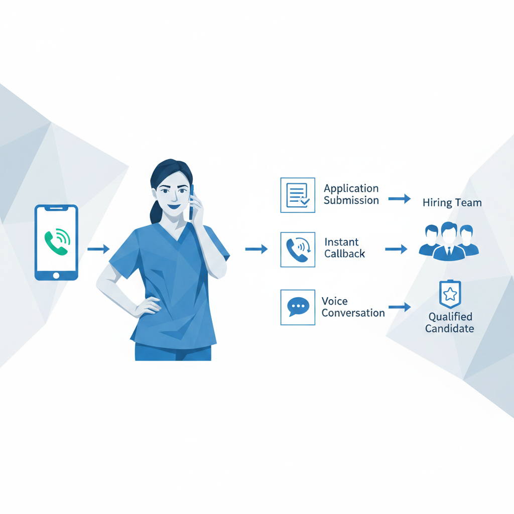 A clean, modern illustration showing the automated phone screening workflow for healthcare hiring